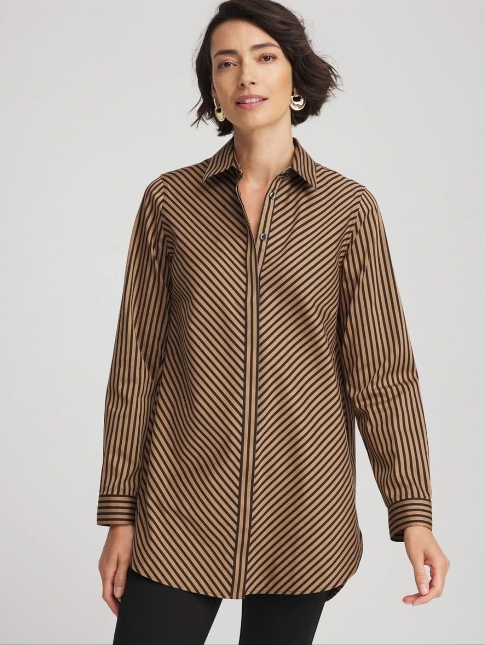 Chico's Women's No Iron™ Slimming Imperial Stripe Beige Black Tunic 3 XL 16/ 18
